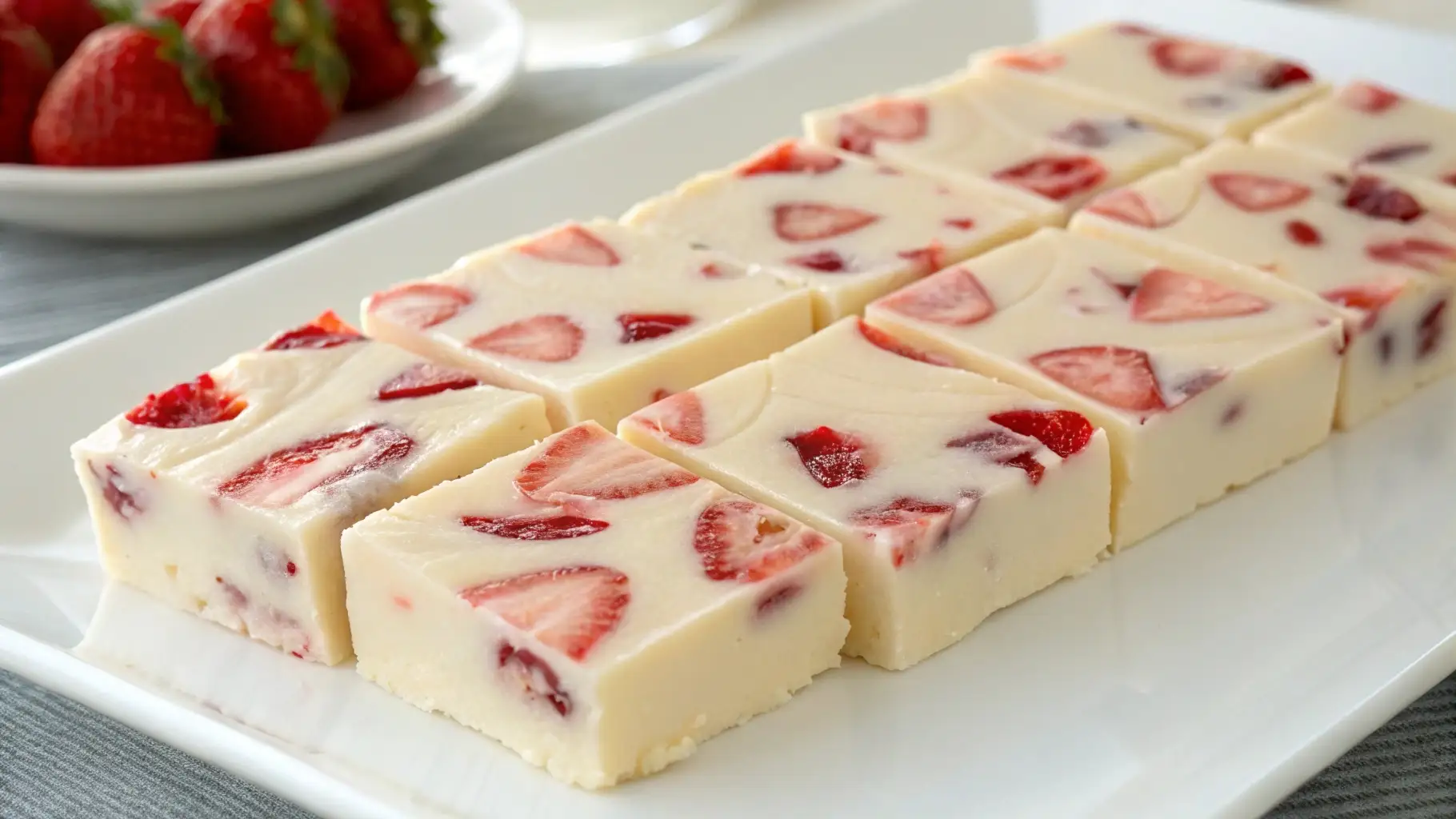 Creamy strawberry white chocolate fudge cut into smooth squares with fresh strawberry pieces inside, arranged on a white plate with whole strawberries in the background.