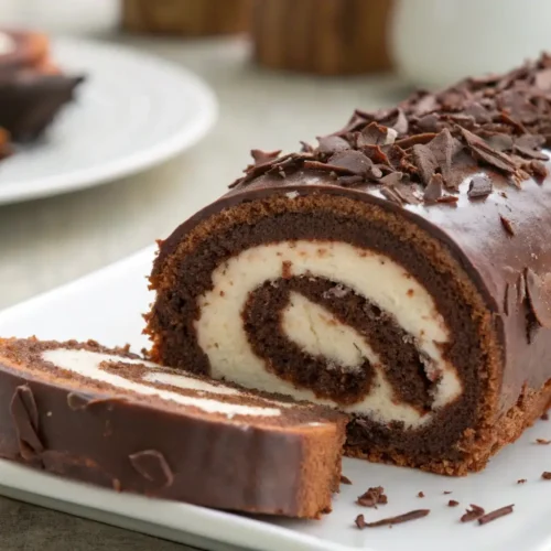 Chocolate Swiss roll cake with a soft cocoa sponge, creamy vanilla filling, and glossy chocolate glaze topped with chocolate shavings, sliced to reveal a spiral pattern
