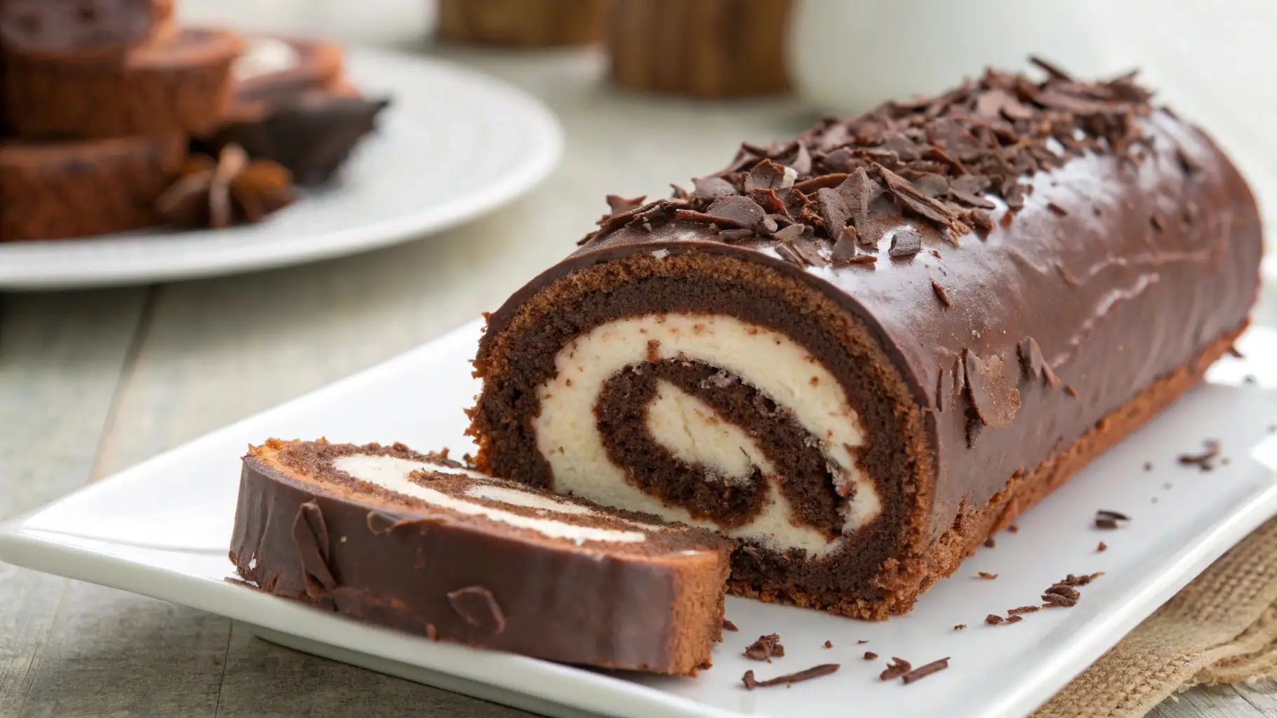 Chocolate Swiss roll cake with a soft cocoa sponge, creamy vanilla filling, and glossy chocolate glaze topped with chocolate shavings, sliced to reveal a spiral pattern