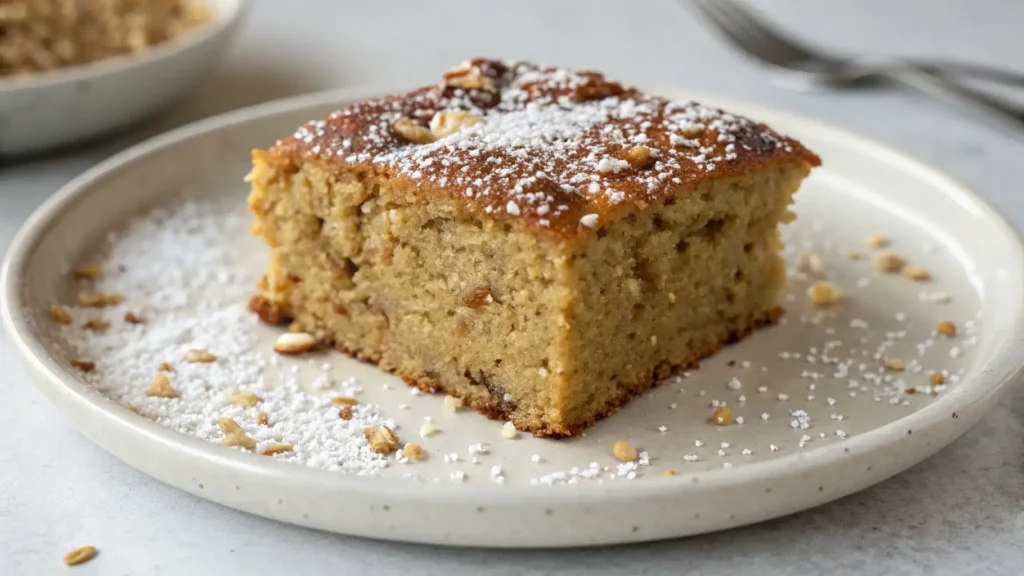 Slice of tahini banana snack cake topped with powdered sugar and sesame crumbs on a plate, showing moist soft crumb texture.