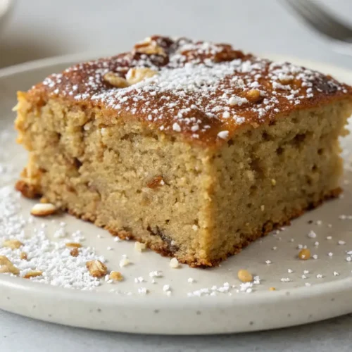 Healthy Tahini Banana Snack Cake for Breakfast or Dessert - Moist, Nutty, and Naturally Sweet 2 Slice of tahini banana snack cake topped with powdered sugar and sesame crumbs on a plate, showing moist soft crumb texture.