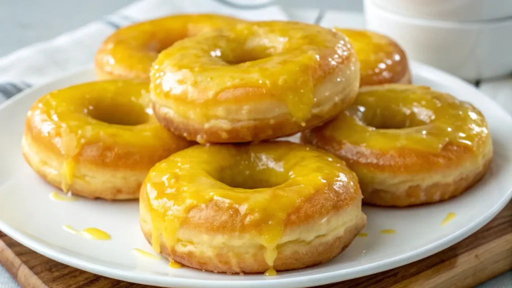 Soft baked donuts topped with a glossy tangy lemon glaze, stacked on a white plate with a smooth golden citrus coating dripping slightly over the edges.