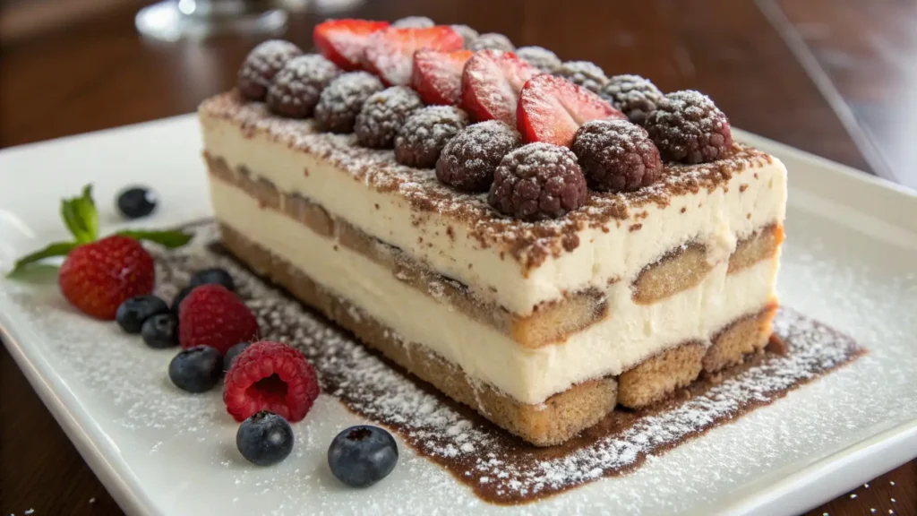 Tiramisu ice cream cake with creamy layers and ladyfingers topped with cocoa powder, strawberries, raspberries, and blueberries on a white plate