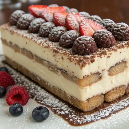 Tiramisu Ice Cream Cake Creamy Coffee Chocolate Frozen Dessert - A Rich, No-Bake Treat 2 Tiramisu ice cream cake with creamy layers and ladyfingers topped with cocoa powder, strawberries, raspberries, and blueberries on a white plate