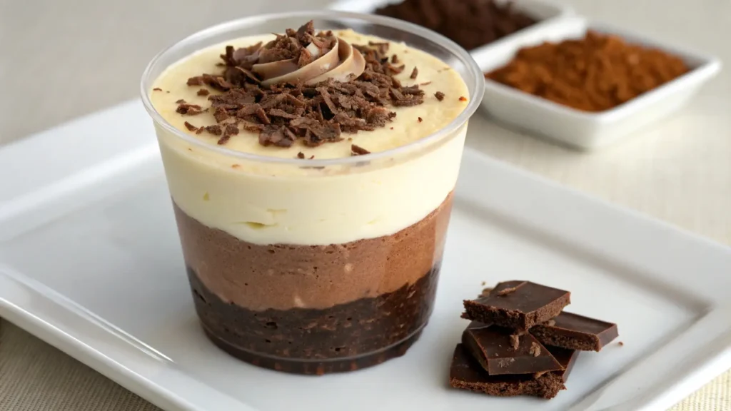 Triple chocolate mousse cup dessert with dark chocolate base, milk chocolate mousse layer, and white chocolate topping, garnished with chocolate shavings in a clear cup