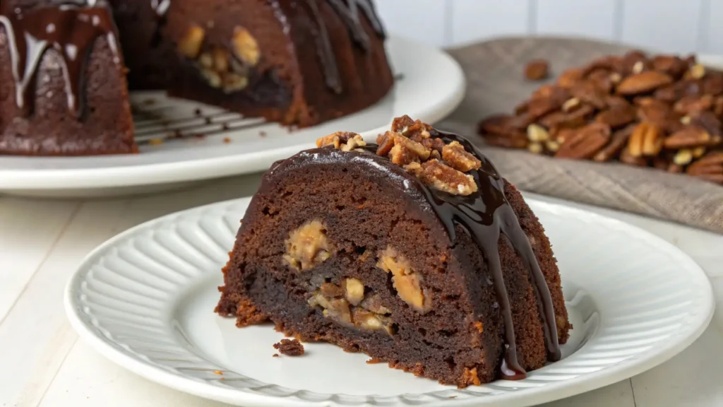 Slice of tunnel of fudge cake with gooey chocolate center, topped with glossy chocolate glaze and nuts on a white plate.