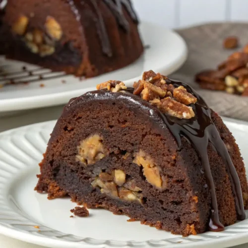 Slice of tunnel of fudge cake with gooey chocolate center, topped with glossy chocolate glaze and nuts on a white plate.