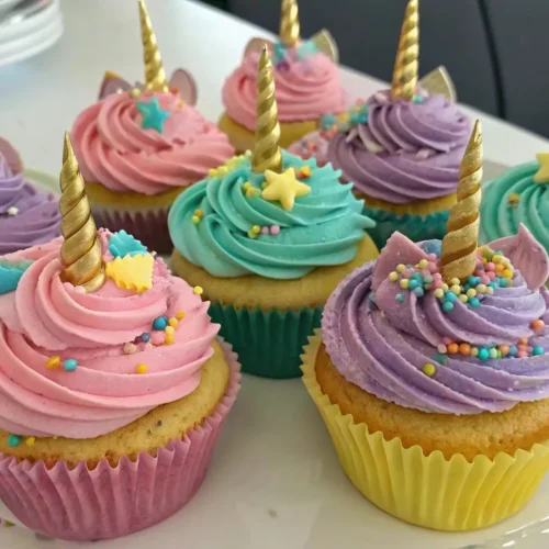 Unicorn Cupcakes Fun and Easy Birthday Party Treats - Colorful, Kid-Friendly, and Delicious 2 Unicorn cupcakes with colorful pastel frosting gold horns sprinkles and star decorations on a serving plate