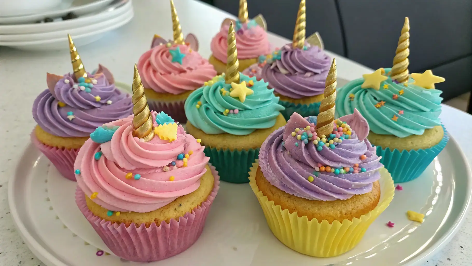 Unicorn Cupcakes Fun and Easy Birthday Party Treats - Colorful, Kid-Friendly, and Delicious 1 Unicorn cupcakes with colorful pastel frosting gold horns sprinkles and star decorations on a serving plate