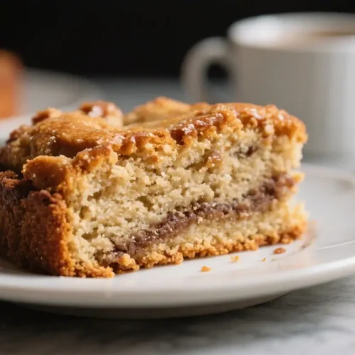 Easy Vegan Coffee Cake for Breakfast Brunch or Dessert - Soft, Crumbly, and Cinnamon-Swirled 2 Slice of vegan coffee cake with cinnamon swirl and crumb topping on a white plate, served with a cup of coffee in the background