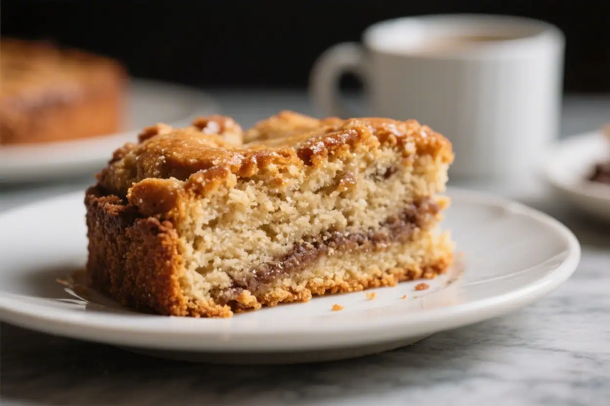 Easy Vegan Coffee Cake for Breakfast Brunch or Dessert - Soft, Crumbly, and Cinnamon-Swirled 1 Slice of vegan coffee cake with cinnamon swirl and crumb topping on a white plate, served with a cup of coffee in the background