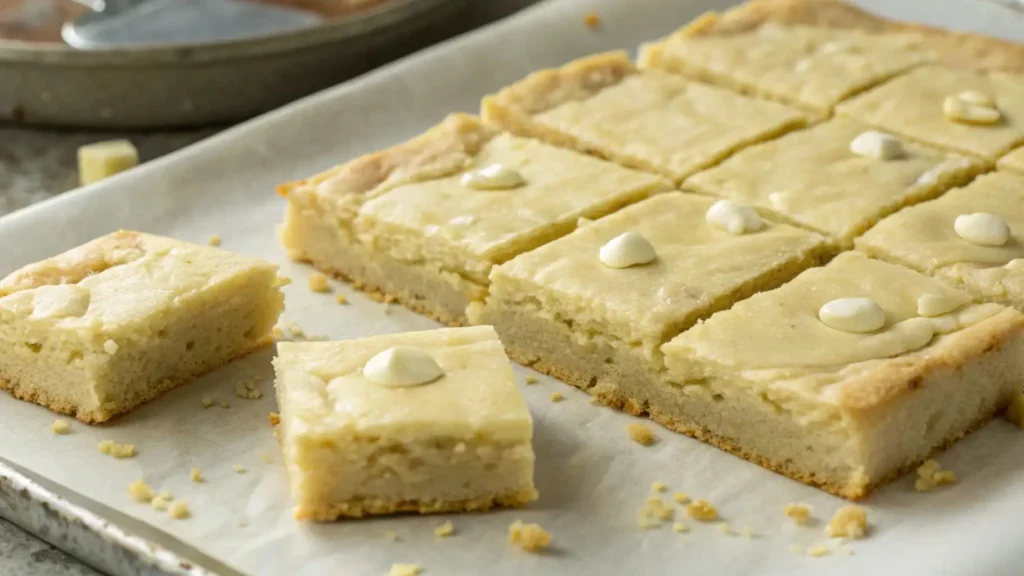 Soft white chocolate brownies cut into squares with a pale golden top, chewy texture, and visible white chocolate chips on parchment paper
