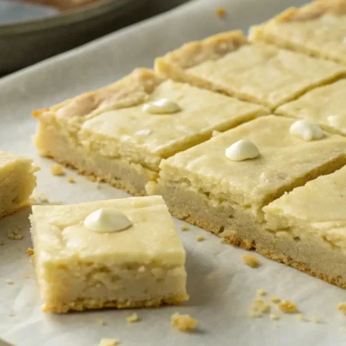 Soft white chocolate brownies cut into squares with a pale golden top, chewy texture, and visible white chocolate chips on parchment paper