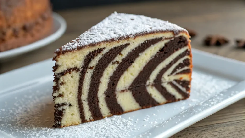 Zebra cake slice with chocolate and vanilla striped layers dusted with powdered sugar on a white plate