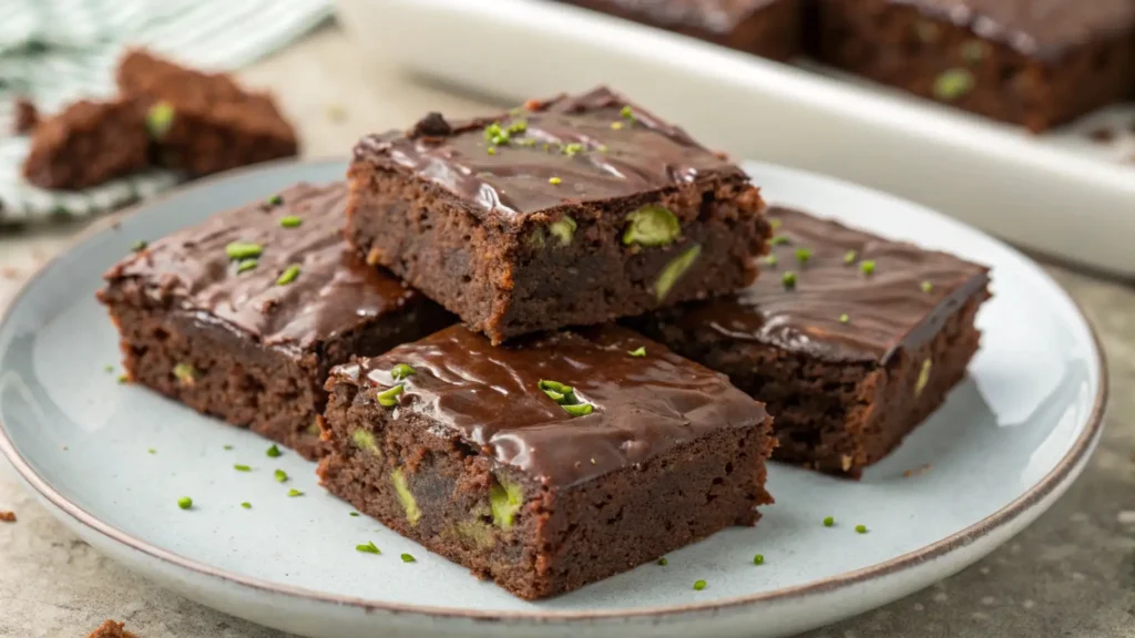Close-up of zucchini brownies cut into squares, stacked on a plate, featuring glossy chocolate topping, moist fudgy texture, and visible green zucchini pieces inside.