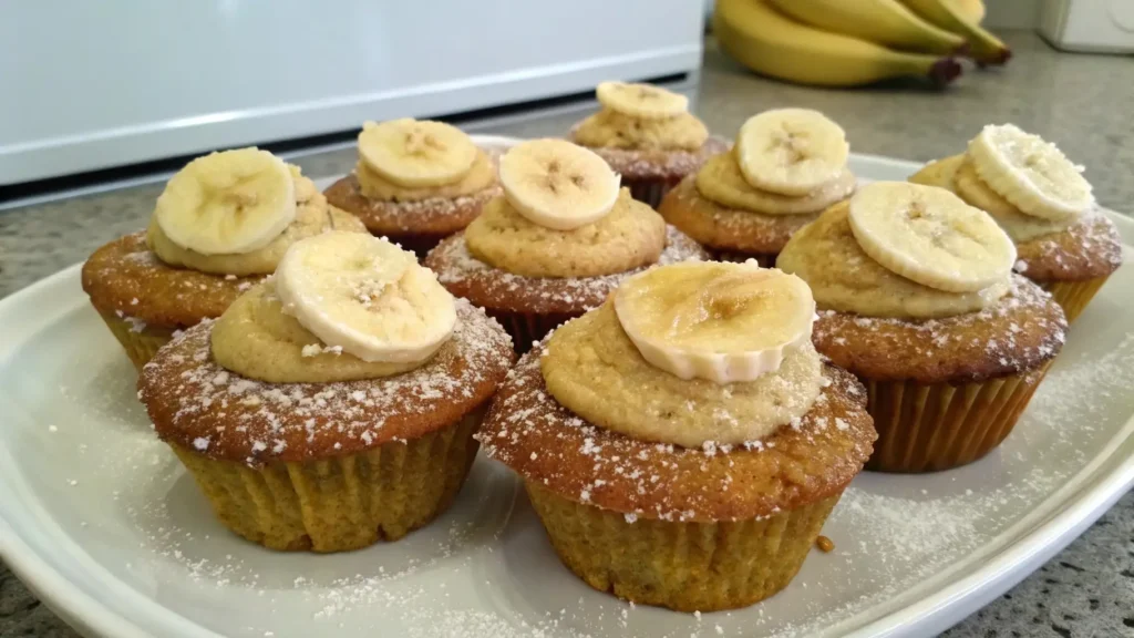 Homemade banana cupcakes topped with banana slices and powdered sugar on a white plate in a kitchen setting