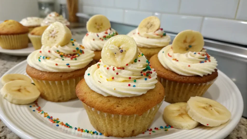 Banana pudding cupcakes topped with vanilla cream frosting, banana slices, and colorful sprinkles arranged on a serving plate