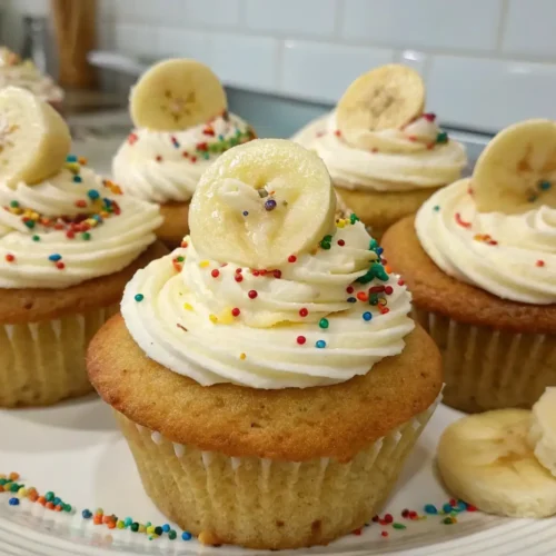 Banana pudding cupcakes topped with vanilla cream frosting, banana slices, and colorful sprinkles arranged on a serving plate