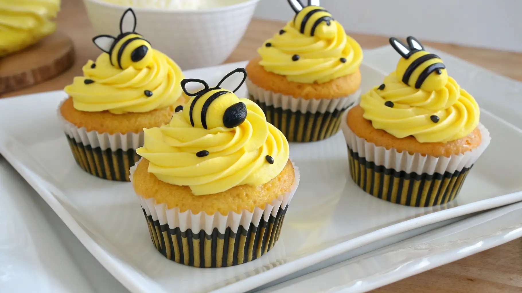 Bee cupcakes decorated with yellow frosting, black stripes, and cute bee toppers on vanilla cupcakes displayed on a white tray