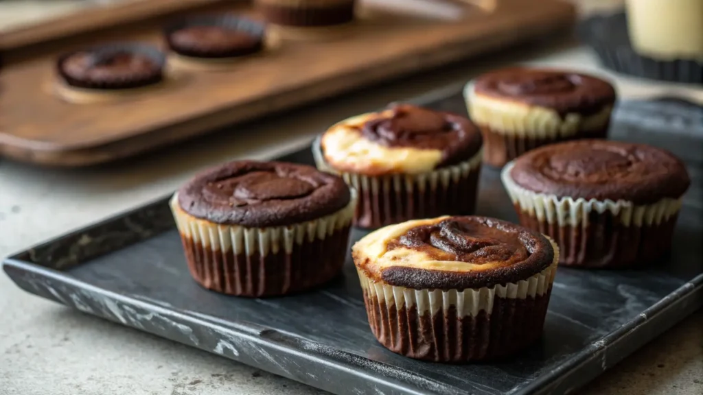 Black bottom cupcakes with chocolate tops and cream cheese centers placed on a white background alongside a fuel pump product listing image.
