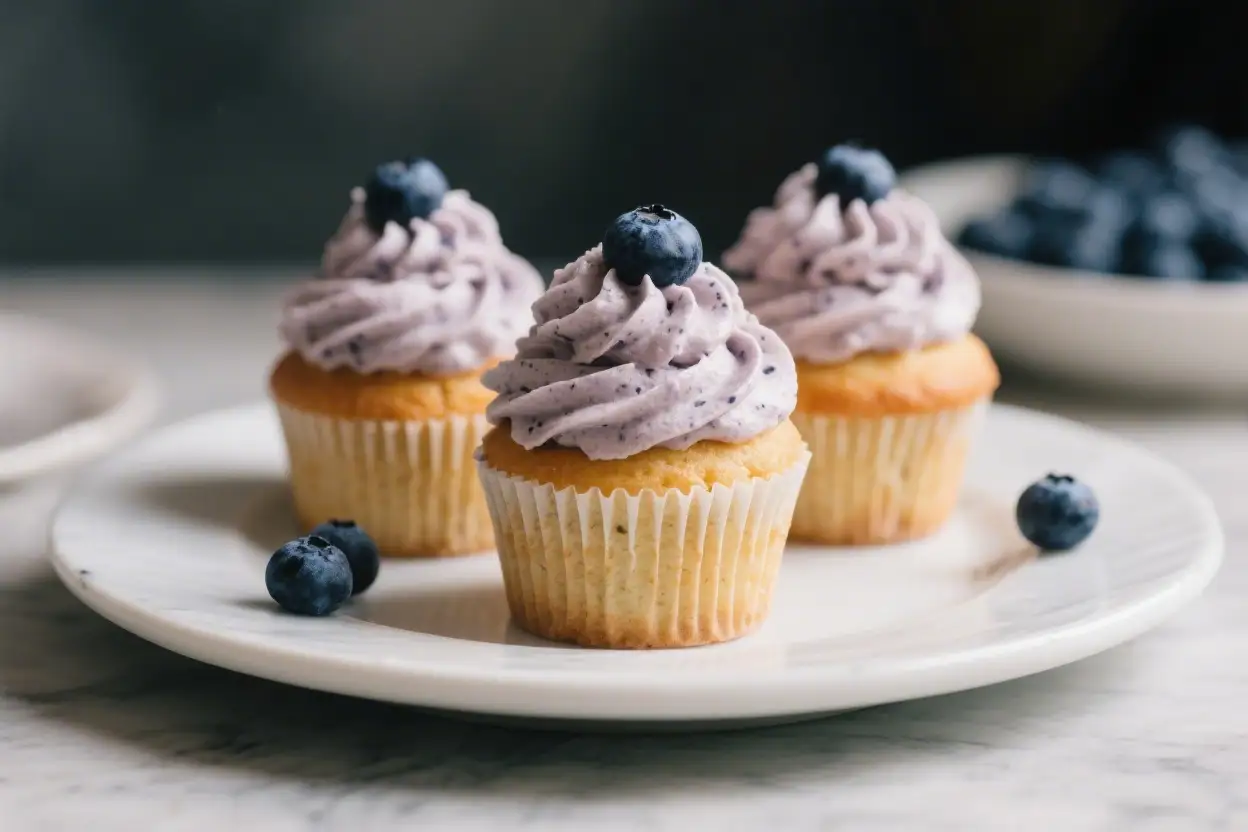 Blueberry cupcakes with purple blueberry frosting topped with fresh blueberries on a white plate