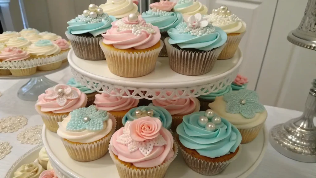 Assorted cupcakes arranged on a tiered stand, decorated with pastel pink, blue, and cream frosting, sugar flowers, and pearl toppings, suitable for a bridal shower dessert display