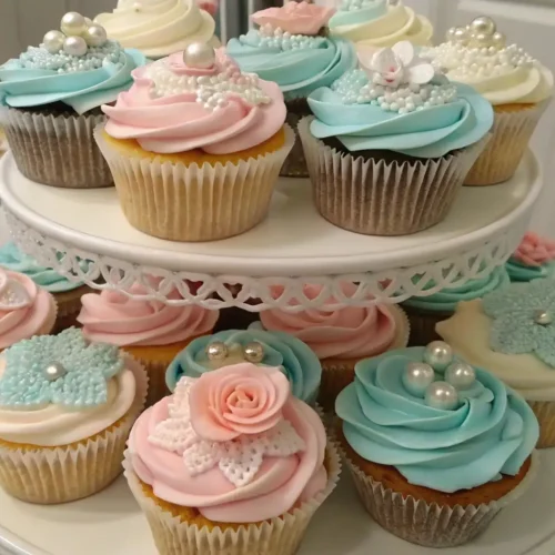 Assorted cupcakes arranged on a tiered stand, decorated with pastel pink, blue, and cream frosting, sugar flowers, and pearl toppings, suitable for a bridal shower dessert display