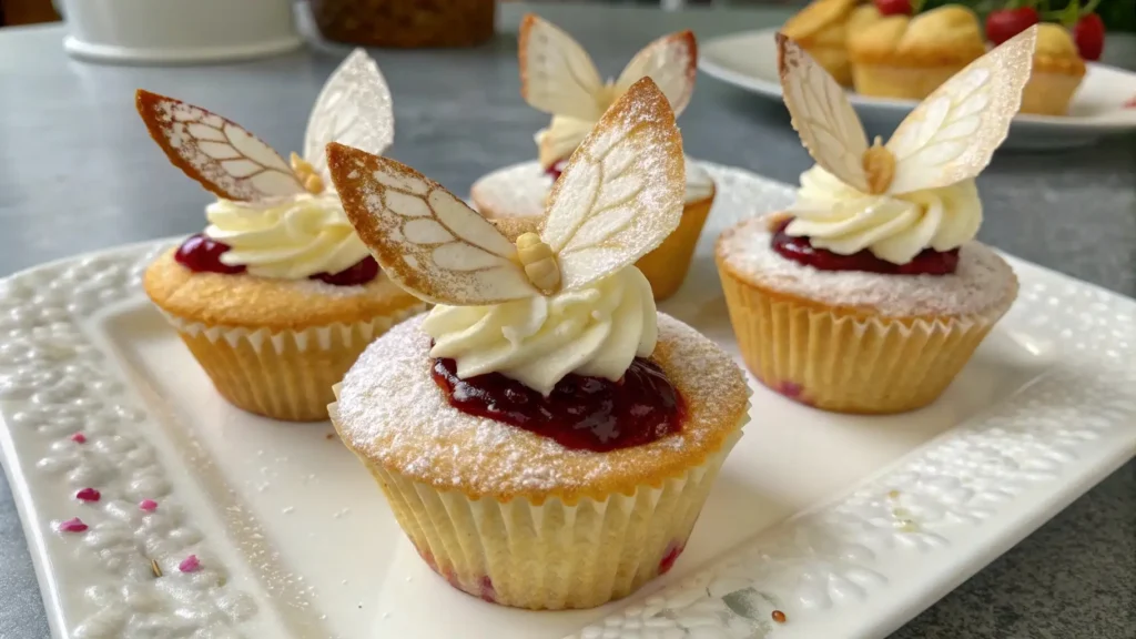 Butterfly cupcakes with vanilla sponge filled with raspberry jam, topped with whipped cream frosting and delicate edible wings dusted with powdered sugar
