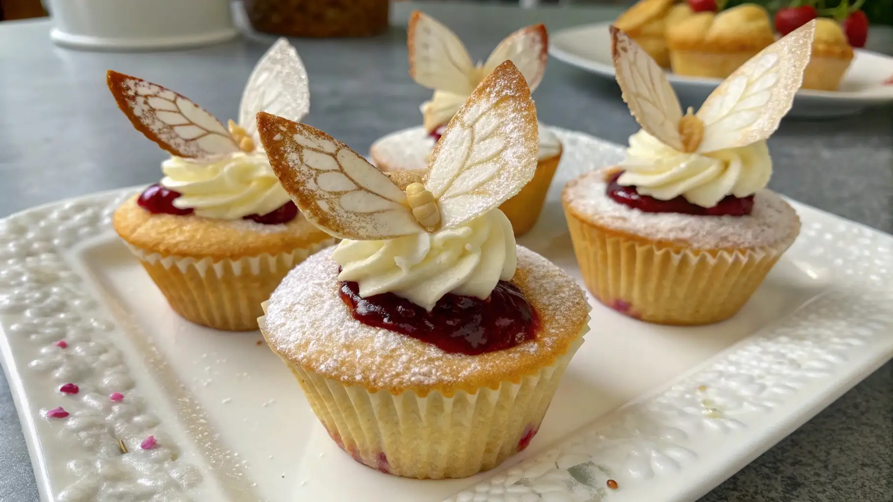 Easy Butterfly Cupcakes Recipe for Parties and Birthdays – Cute, Fun, and Foolproof 1 Butterfly cupcakes with vanilla sponge filled with raspberry jam, topped with whipped cream frosting and delicate edible wings dusted with powdered sugar