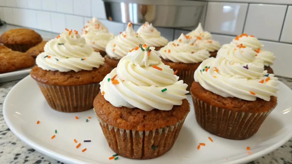 Carrot cupcakes with cream cheese frosting swirls and colorful sprinkles on a white plate in a kitchen setting.