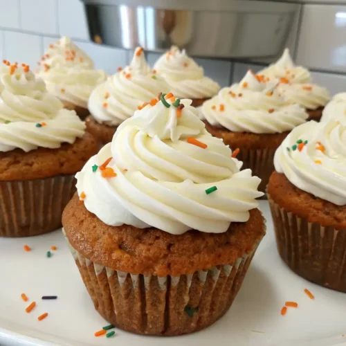 Moist Carrot Cupcakes With Cream Cheese Frosting - Soft, Spiced, and Crowd-Pleasing 2 Carrot cupcakes with cream cheese frosting swirls and colorful sprinkles on a white plate in a kitchen setting.