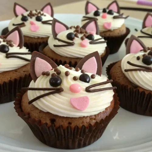 Cute cat cupcakes decorated with vanilla frosting, chocolate whiskers, pink noses, and fondant ears arranged on a white plate