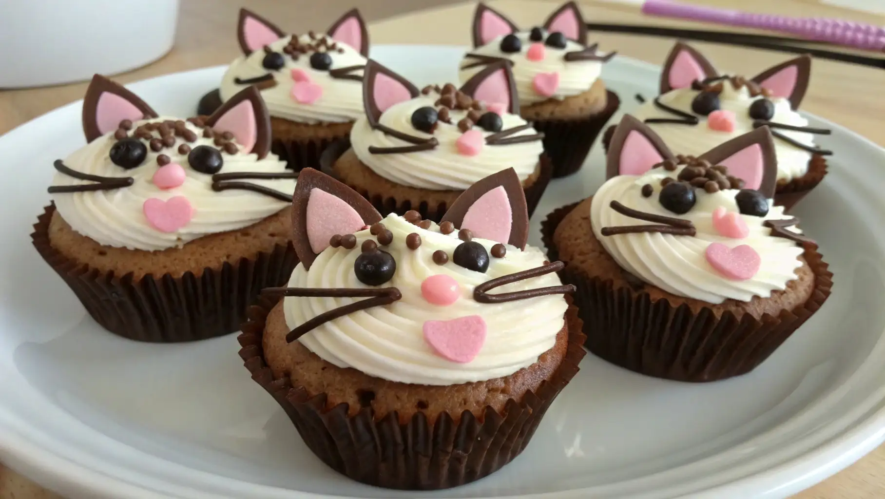 Cute cat cupcakes decorated with vanilla frosting, chocolate whiskers, pink noses, and fondant ears arranged on a white plate