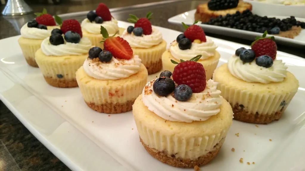 Cheesecake cupcakes with whipped cream and blueberries partially covered by parchment paper on a dessert tray.