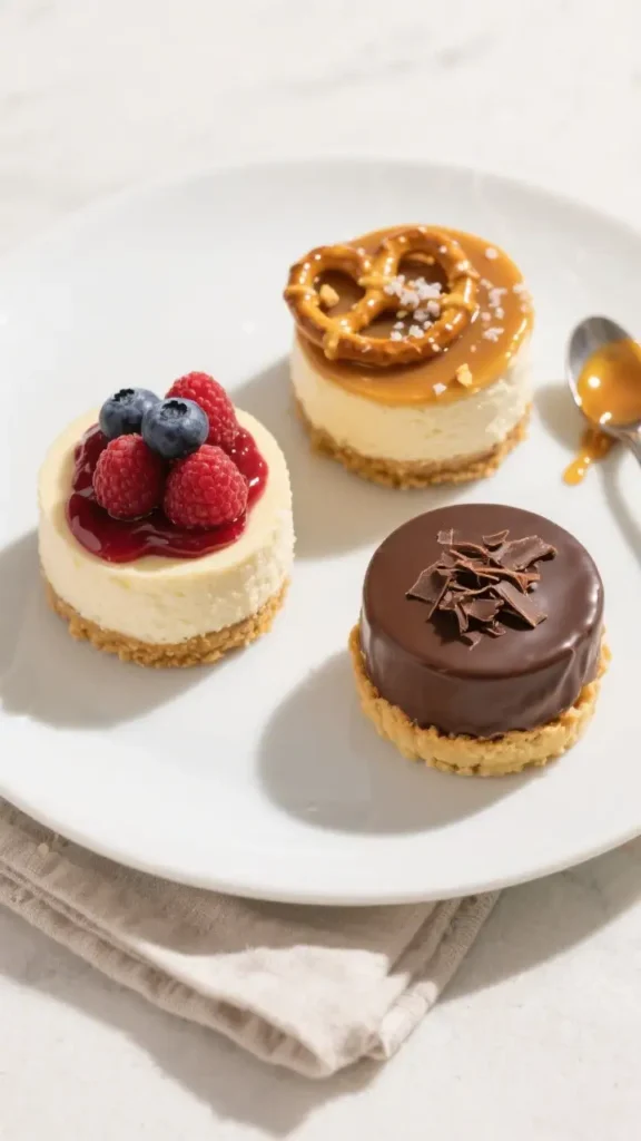 Mini cheesecake cupcakes topped with raspberry sauce and fresh raspberries, alongside chocolate-topped cheesecake bites on a dessert plate.