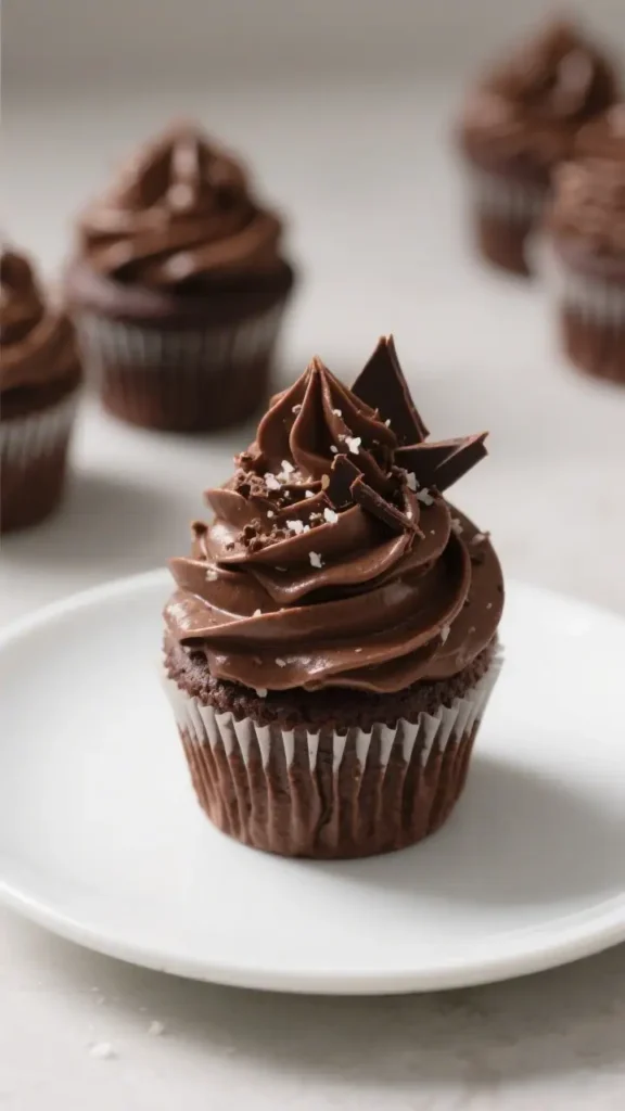 Chocolate cupcake in a brown paper liner placed on a white plate with a minimal background and partial overlay effect.