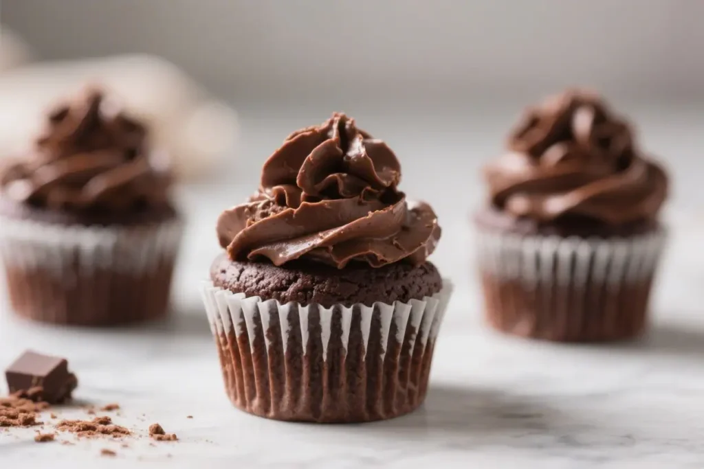 Chocolate cupcake in a paper liner on a white surface with chocolate pieces nearby, partially covered by a glitch or overlay effect.