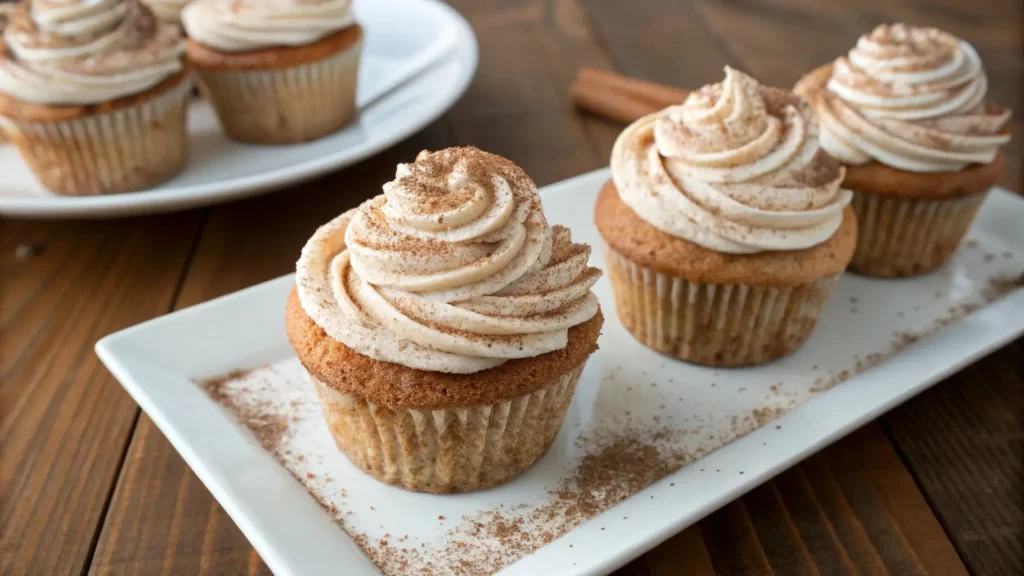 Churro cupcake topped with cinnamon frosting and dusted with cinnamon sugar on a white plate.