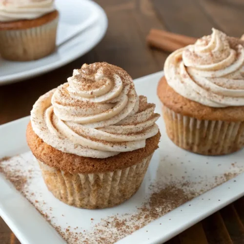 Churro cupcake topped with cinnamon frosting and dusted with cinnamon sugar on a white plate.