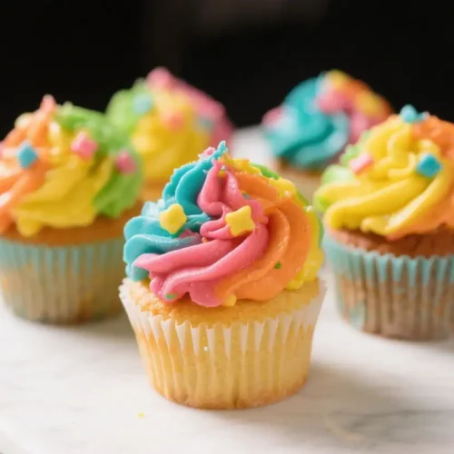 Colorful Cupcakes Recipe Bright and Fun Party Dessert - A Cheery Treat for Every Celebration 2 Colorful cupcakes with vanilla base topped with rainbow buttercream frosting and star sprinkles arranged on a white surface