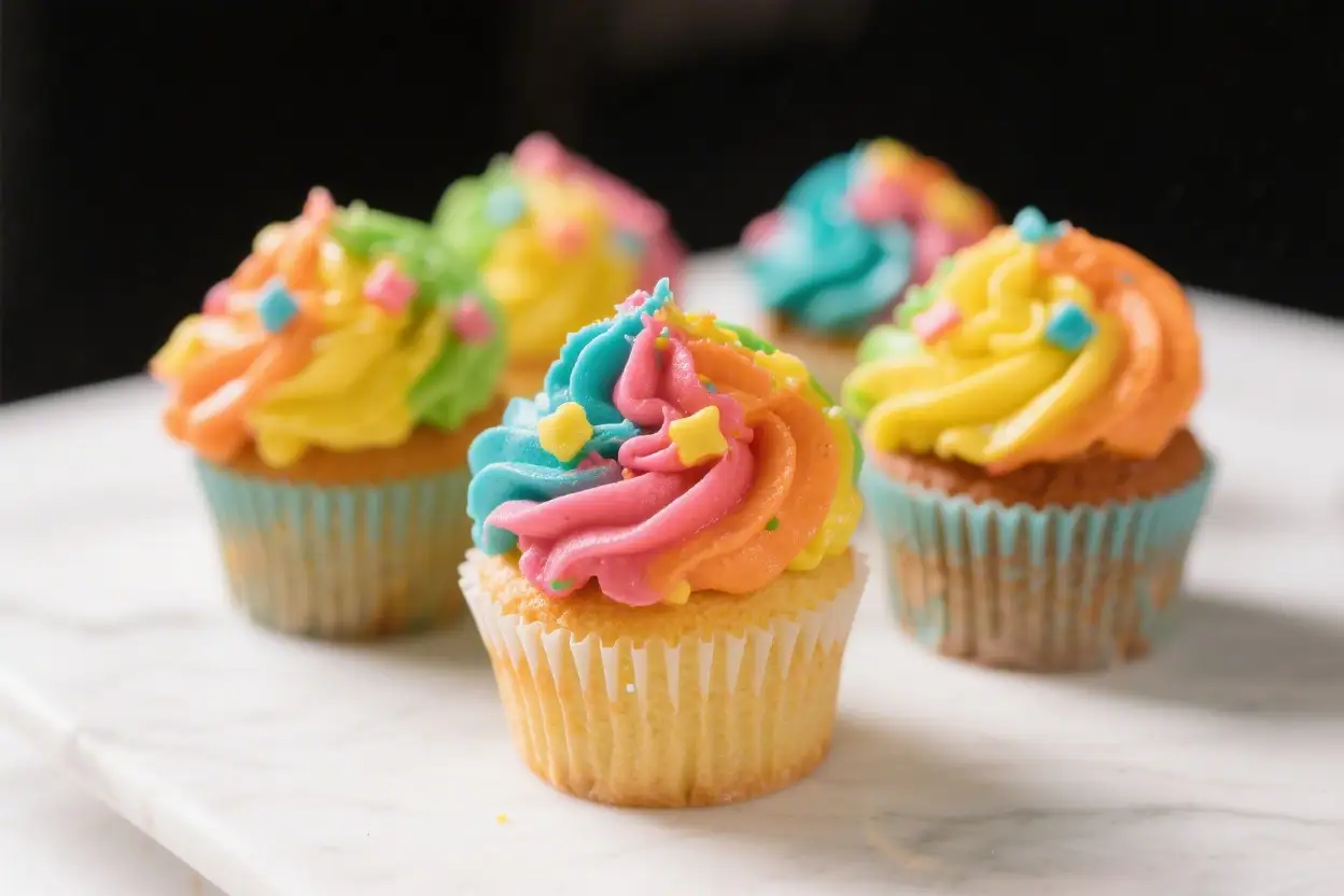 Colorful Cupcakes Recipe Bright and Fun Party Dessert - A Cheery Treat for Every Celebration 1 Colorful cupcakes with vanilla base topped with rainbow buttercream frosting and star sprinkles arranged on a white surface