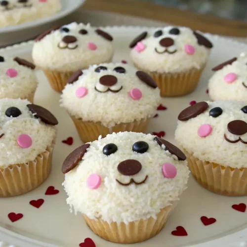 Easy Puppy Cupcakes Homemade Cute Baking for Kids - Fun, Simple, and Adorable 2 Cute Puppy cupcakes decorated with coconut frosting, chocolate ears, and candy faces arranged on a white plate