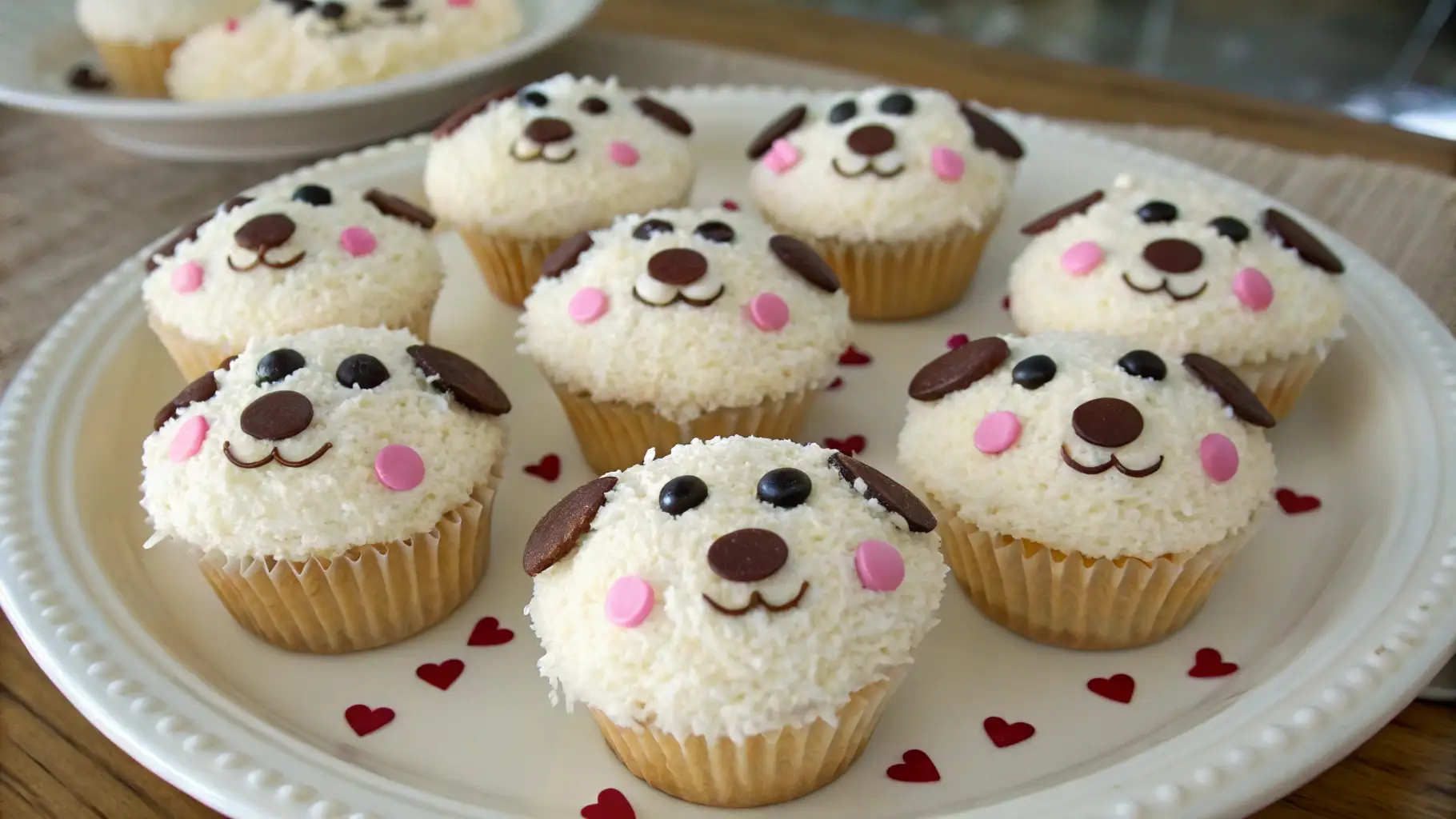 Easy Puppy Cupcakes Homemade Cute Baking for Kids - Fun, Simple, and Adorable 1 Cute Puppy cupcakes decorated with coconut frosting, chocolate ears, and candy faces arranged on a white plate