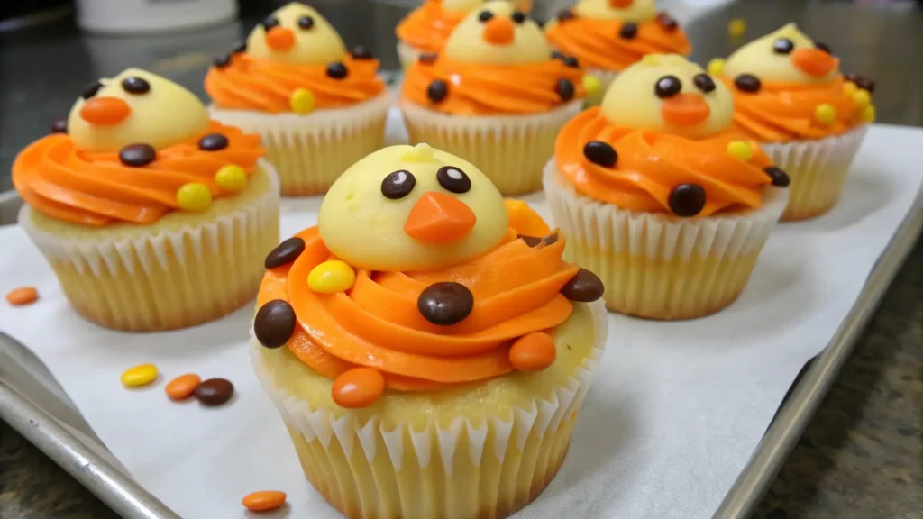 Cute duck-themed vanilla cupcakes with orange buttercream frosting and candy decorations on a baking tray