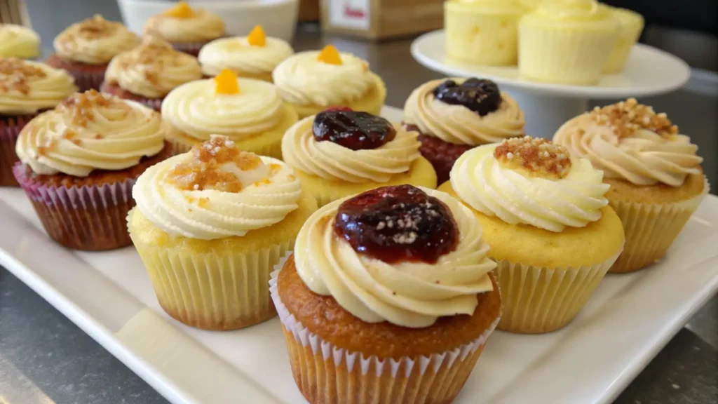 Assorted filled cupcakes topped with buttercream frosting and fruit jam centers on a serving tray