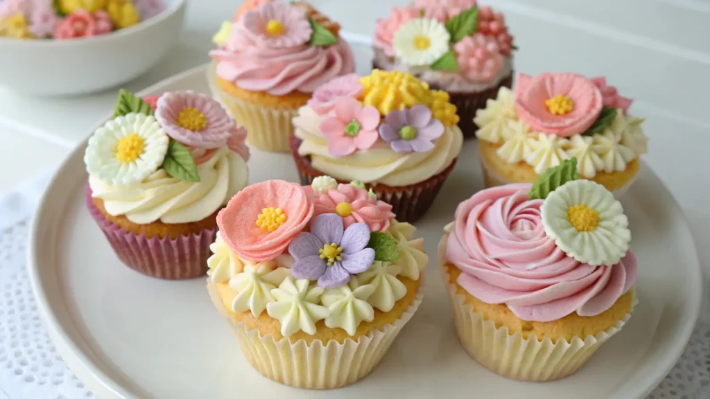 Beautiful floral cupcakes decorated with pastel buttercream flowers and fondant blossoms on a white plate