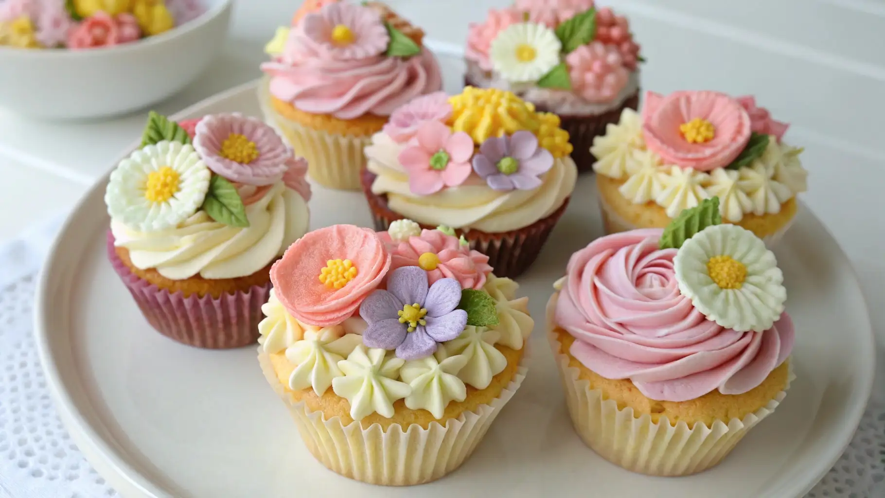 Beautiful floral cupcakes decorated with pastel buttercream flowers and fondant blossoms on a white plate