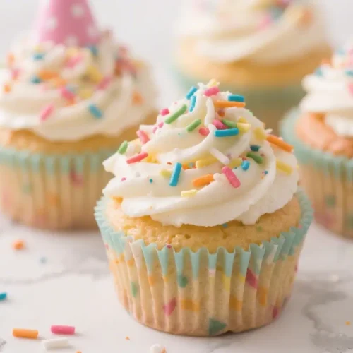 Funfetti cupcakes with vanilla buttercream frosting topped with colorful rainbow sprinkles on a light background