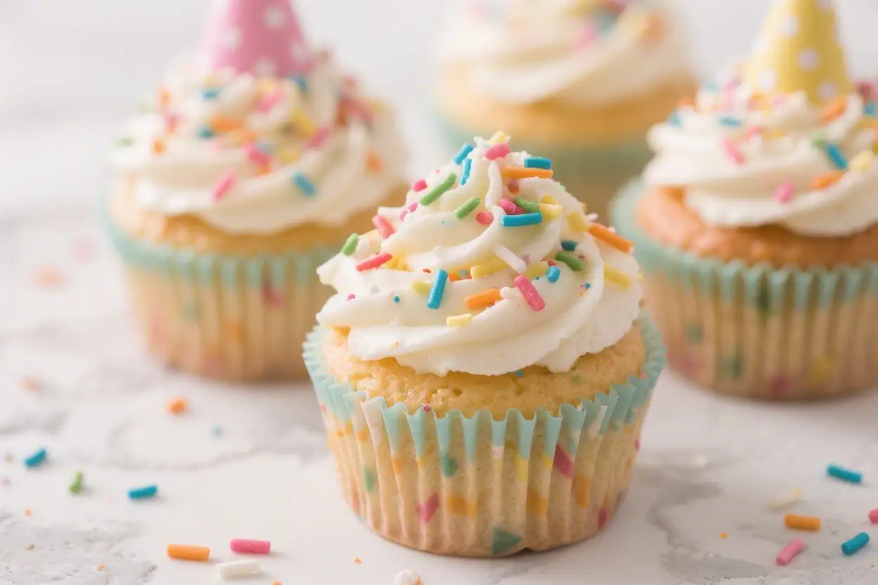 Funfetti cupcakes with vanilla buttercream frosting topped with colorful rainbow sprinkles on a light background