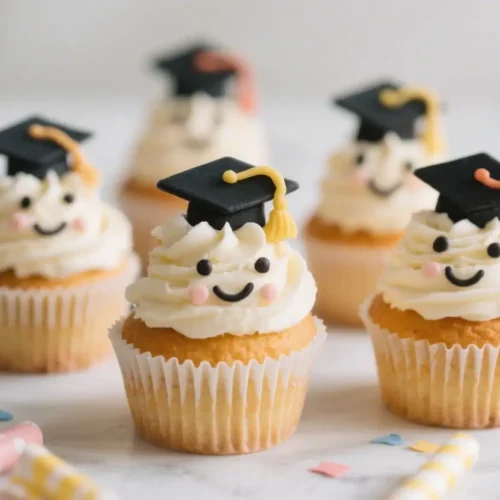 Vanilla graduation cupcakes decorated with creamy frosting faces and black graduation caps, arranged on a light background with colorful confetti.